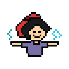 Fototapeta premium Cartoon cute pixel 8bit character woman exercises training dance lifestyle music decoration life style 8 bit female girl dance with music game fitness isolated PNG vector.