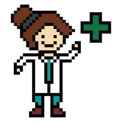 Cute pixel cartoon 8bit character man doctor or scientist game care for decoration pharmacist male doctor in hospital 8 bit male pixel art png vector.