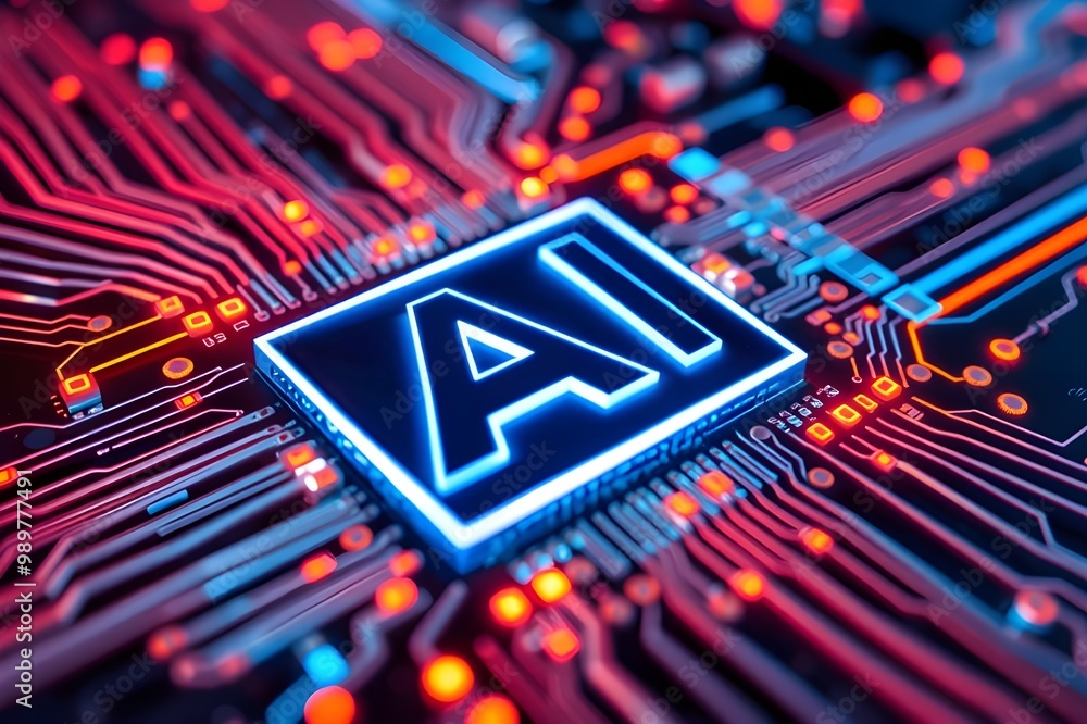 Poster illustrating the intricate connections of artificial intelligence within modern electronics.
