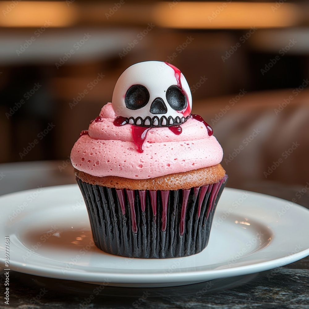 Poster halloween-themed cupcake with skull decoration