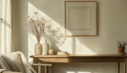 Sunlight streams through a window, illuminating a minimalist room with a wooden table and dried flowers. .