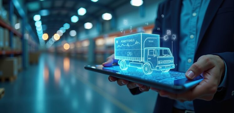 A professional holds a tablet displaying a 3D hologram of a delivery truck, symbolizing advancements in logistics and technology in warehouse management.