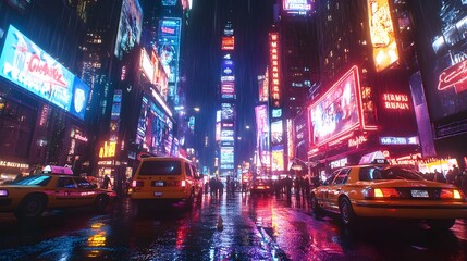 Obraz premium Towering neon signs illuminate the bustling city street pictures