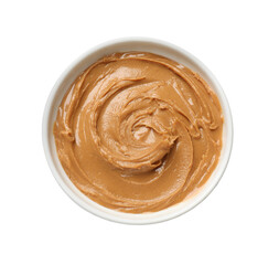 Tasty peanut butter in bowl isolated on white, top view