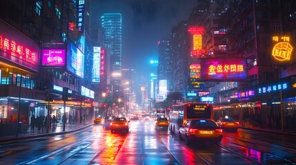 Pictures of bustling city streets lined with neon tower lights