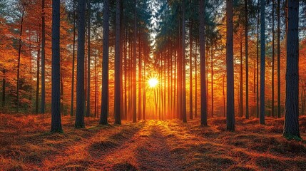 Fototapeta premium Golden rays of sunlight pierce through the dense canopy of a forest, illuminating the path ahead with an ethereal glow.