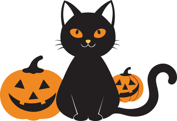 Cute Black Cat with Halloween Jack-o'-Lanterns Festive Illustration