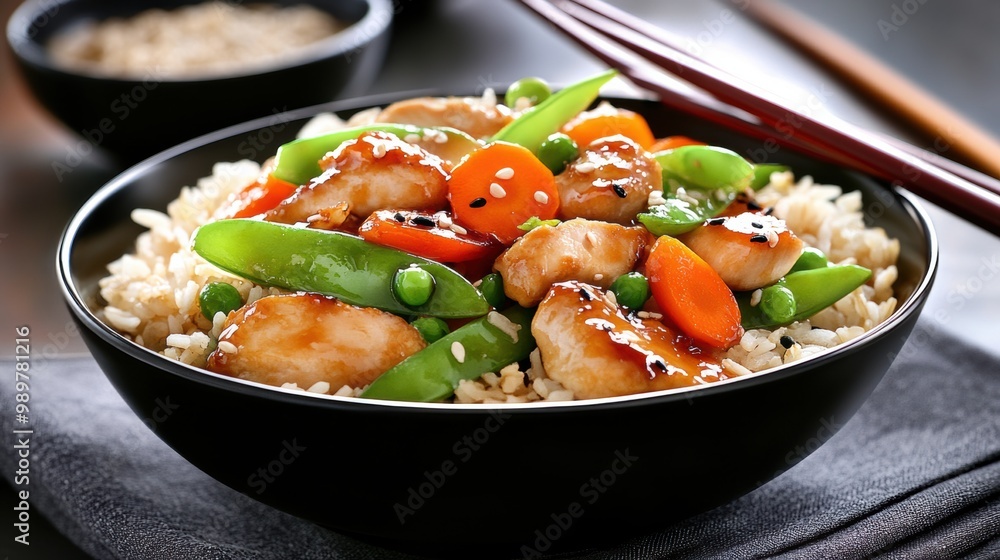 Wall mural delicious chicken and vegetable stir fry bowl