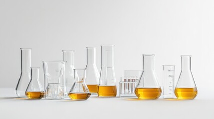 Laboratory glassware with yellow liquid and test tubes