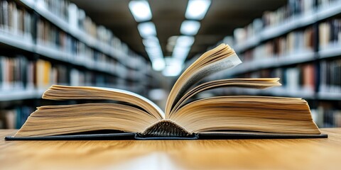 Naklejka premium Open Book Resting on a Wooden Table in a Library with Bookshelves in the Background