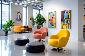 A creative workspace with colorful decor, plants, and modern furniture, creating an inspiring environment