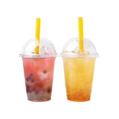 Tasty bubble tea in plastic cups isolated on white