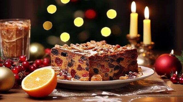 Christmas fruitcake resting on a table with christmas decorations, candles are lit in the background, creating a warm atmosphere
