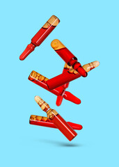 Many glass ampoules falling on light blue background