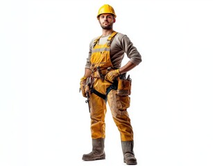 Fototapeta premium Construction Worker in Yellow Coveralls and Hard Hat