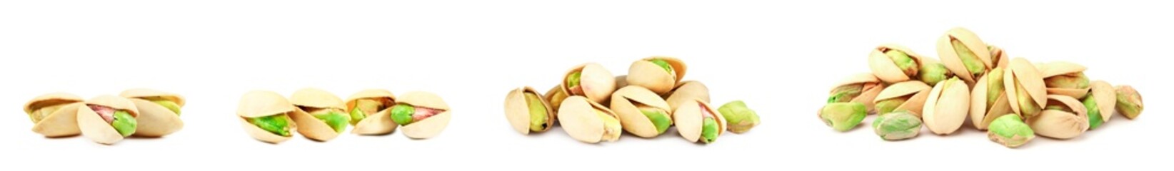 Delicious pistachios isolated on white, set. Tasty nut