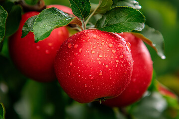 Obraz premium Apple tree in the garden, bright red apples with drops of water showing their freshness