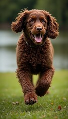 Fototapeta premium A joyful brown dog runs energetically across a grassy field by the water, capturing the essence of happiness and playfulness in a natural setting.