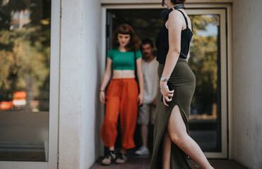 Obraz premium A group of casually dressed individuals standing near a bank entrance on a sunny day. The image captures a relaxed atmosphere with a focus on summer fashion styles.