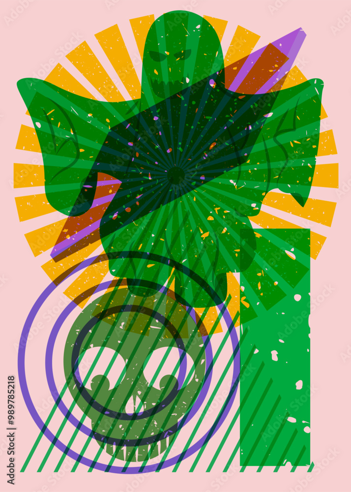 Poster risograph skull and ghost with geometric shapes. halloween objects in trendy riso graph print textur