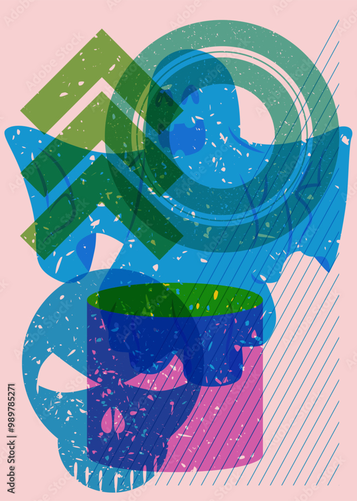 Poster risograph skull and ghost with geometric shapes. halloween objects in trendy riso graph print textur