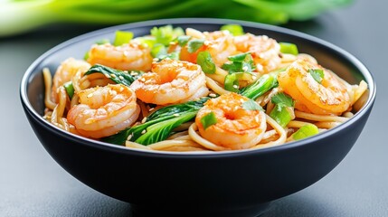 Shrimp Noodles with Fresh Vegetables in Bowl