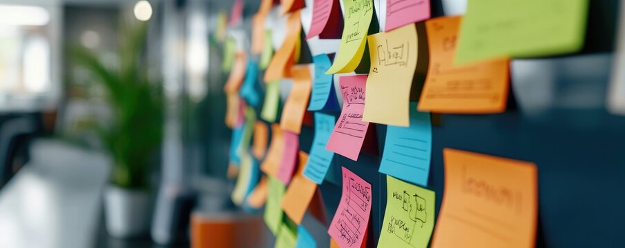 A colorful array of sticky notes covering a wall, showcasing ideas, reminders, and creative thoughts in a modern workspace.