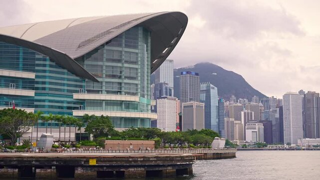 Victoria Harbor of Hong Kong. tourism destination, iconic landmark for travel in China. modern downtown skyscrapers high-rise buildings. 