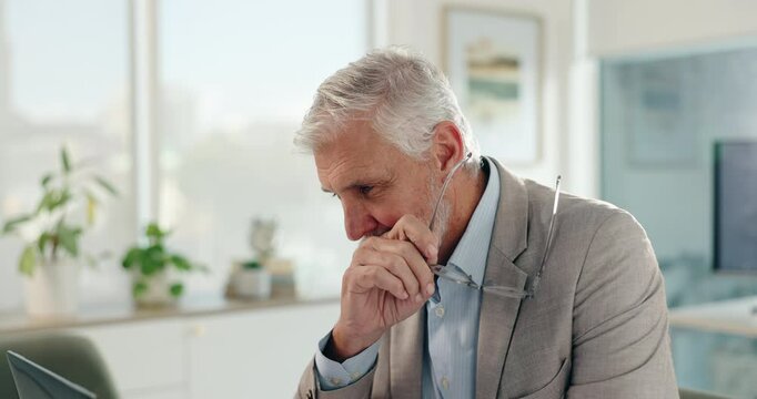 Stress, business and mature man on laptop with crisis, online mistake and confused for email. Corporate manager, professional and person on computer with burnout, frustrated and deadline in office