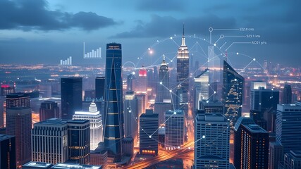 Obraz premium A vibrant skyline illuminated at night, featuring innovative architecture and digital networks.