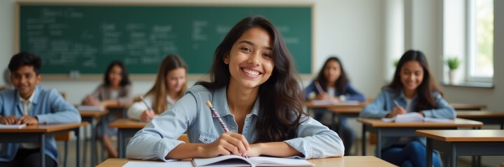 A cheerful student smiles while studying in a classroom, surrounded by classmates. Perfect for educational materials and school-related content.
