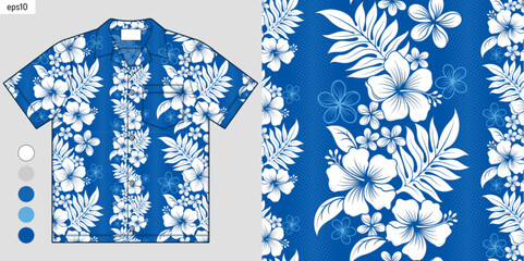 Elegant Tropical Hibiscus Flowers Seamless Pattern with Vertical Stripes on Hawaiian Shirt Mockup, Aloha Summer Fashion Style, Fashion Design, Apparel, Summer Beachwear Inspiration © kirkchai