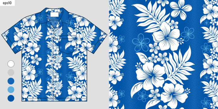 Fototapeta Elegant Tropical Hibiscus Flowers Seamless Pattern with Vertical Stripes on Hawaiian Shirt Mockup, Aloha Summer Fashion Style, Fashion Design, Apparel, Summer Beachwear Inspiration