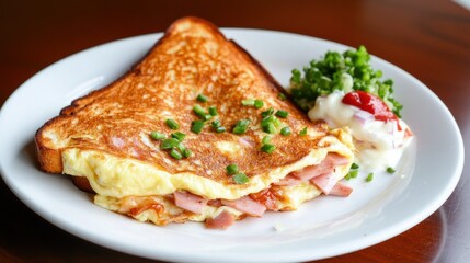 Delicious Ham Omelette with Toasted Bread and Salad