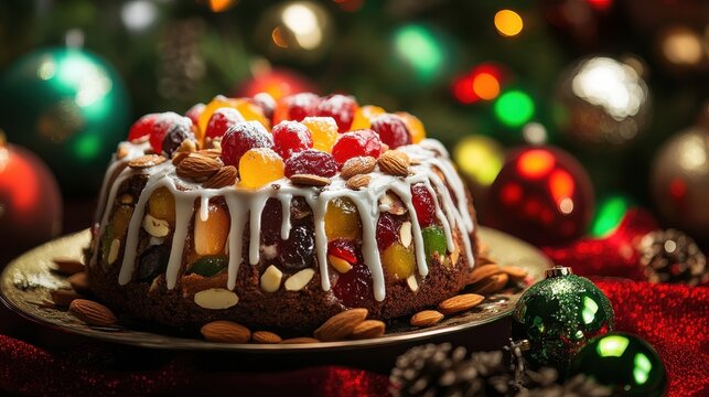 Delicious fruitcake with icing, candied fruits, and almonds amid festive Christmas decor
