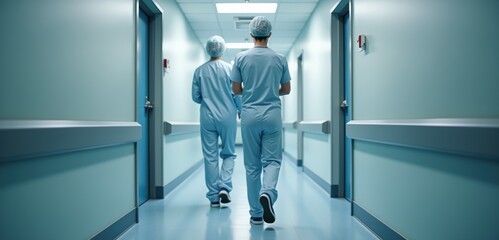 Two healthcare professionals in scrubs walking down a hospital corridor, embodying teamwork and dedication in a medical environment.