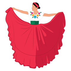 Mexican woman in red folkloric dress dancing, Vector