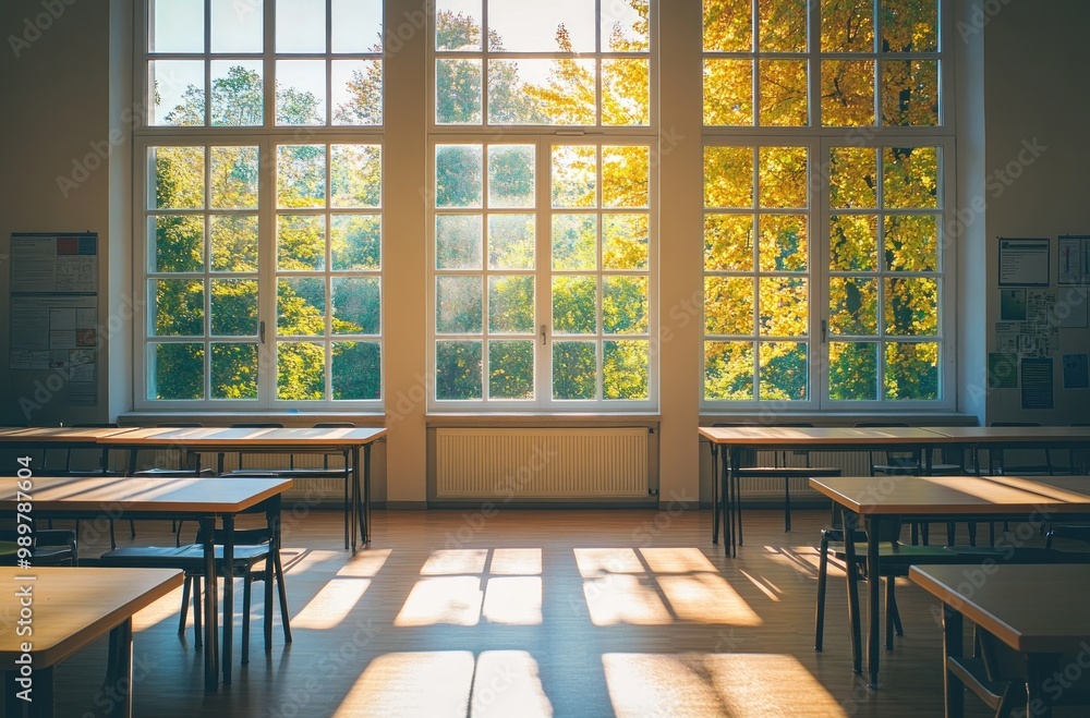 Poster sunlight streaming through the large windows of an empty classroom, illuminating the wooden desks an