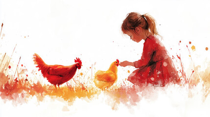 Red watercolor painting of a little girl playing with her pet chicken