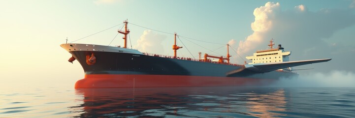 Obraz premium A large cargo ship navigating calm waters at dawn, showcasing maritime industry and freight transportation.