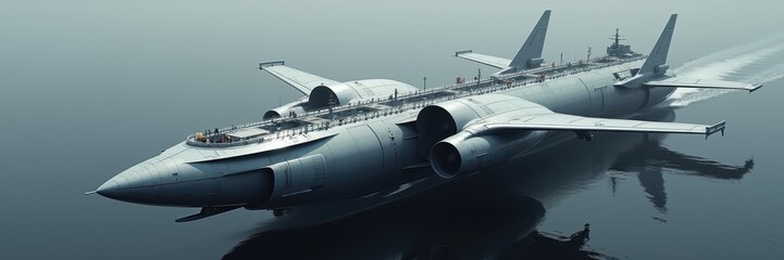 Obraz premium A futuristic hybrid aircraft gliding over tranquil waters, showcasing innovative design and advanced technology in modern aviation and maritime industries.