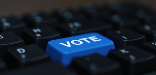 Close-up of a blue VOTE key on a keyboard, symbolizing digital voting and civic engagement in modern democracy. Perfect for articles on elections and technology.