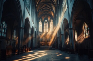 Obraz premium Sunbeams Illuminating the Interior of a Majestic Cathedral
