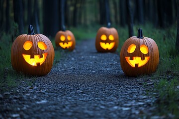 Obraz premium A dark forest path lit by jack-oâ€™-lanterns, creating a spooky, mysterious atmosphere