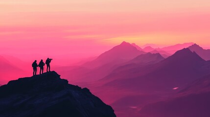 Hikers Photographing Sunrise on Mountain Ridge