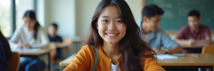 A cheerful student in a classroom setting, showcasing engagement and positivity. Ideal for educational materials, student life promotions, and academic campaigns.