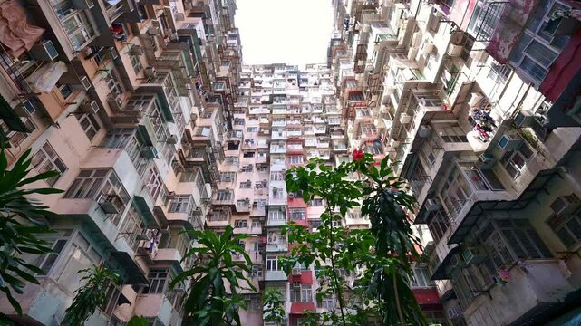 The massive housing complex in Hong Kong. iconic old apartment building skyscraper. Tourist attraction in China.
