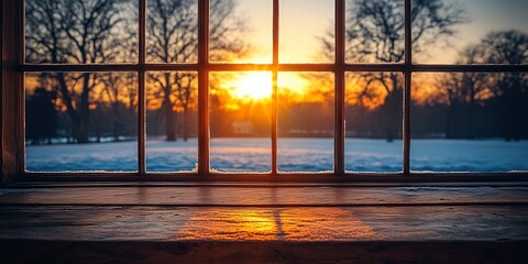 A Rustic Wooden Windowsill Framed by a View of a Winter Sunset, Featuring a Panoramic Vista of...