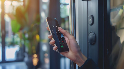 Closeup of a woman's finger entering password code on the smart phone and digital touch screen keypad entry door lock in front of a hotel room or apartment, Modern security, Smart device