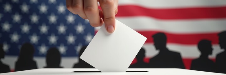 A hand casts a ballot into a box, symbolizing democracy and civic engagement against a backdrop of the American flag, perfect for political campaigns or voter education.